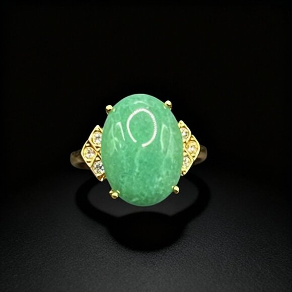 Vintage green aventurine and Swarovski crystal ring 18k GE designer signed - Picture 1 of 9